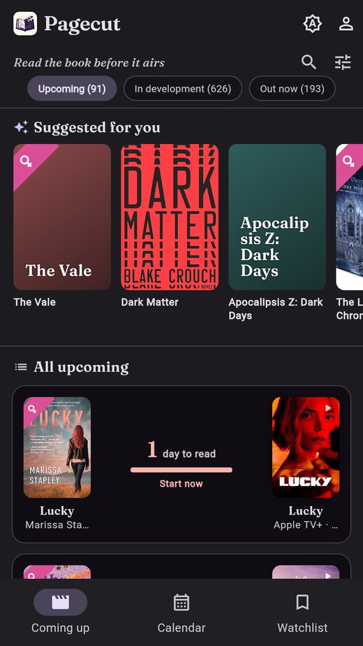 Pagecut home screen: upcoming adaptations with reading countdowns