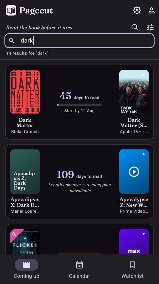 Pagecut search results, each with a reading countdown